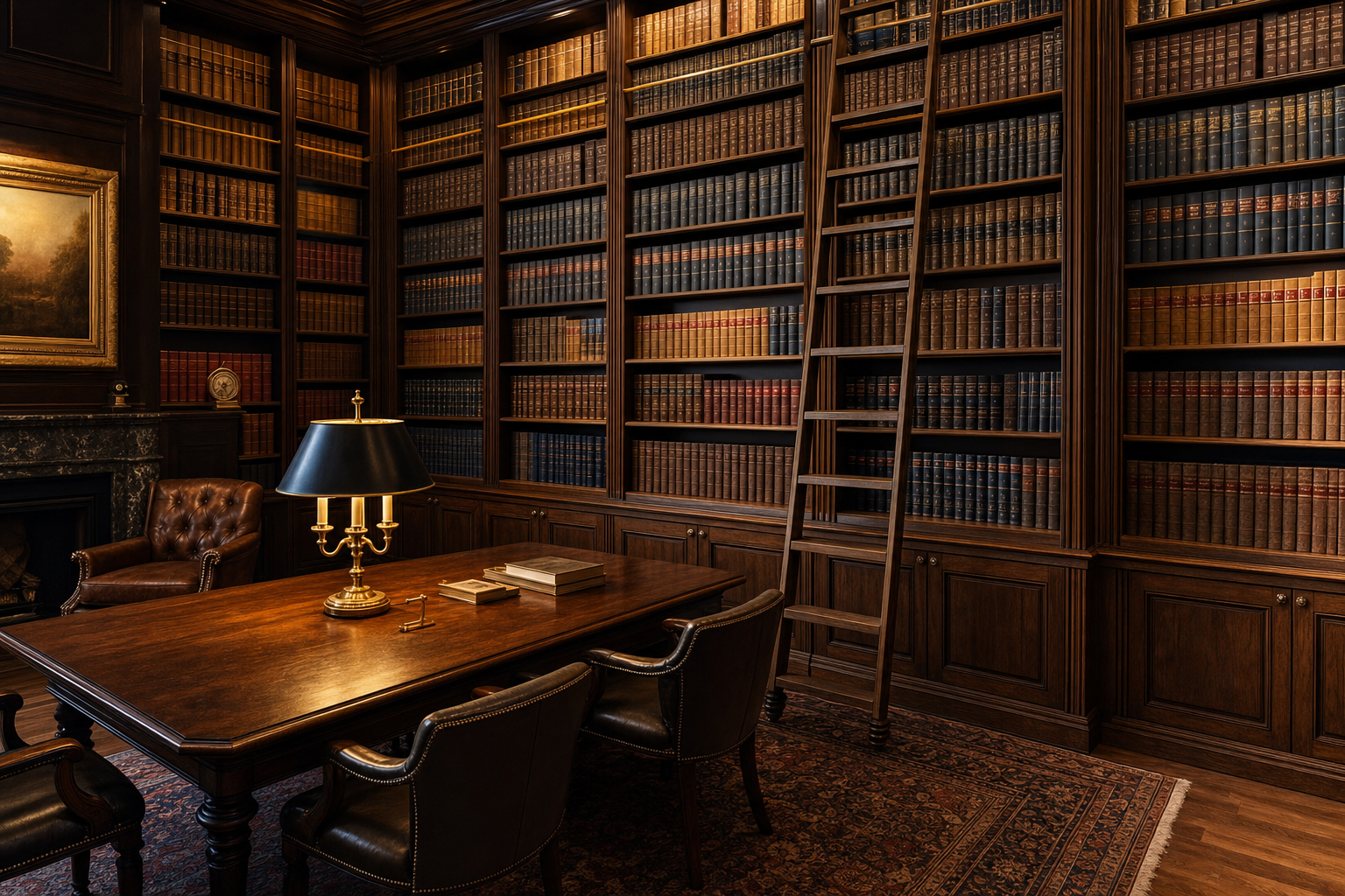 Biblioteca de um escritório de advocacia, com estantes de livros jurídicos